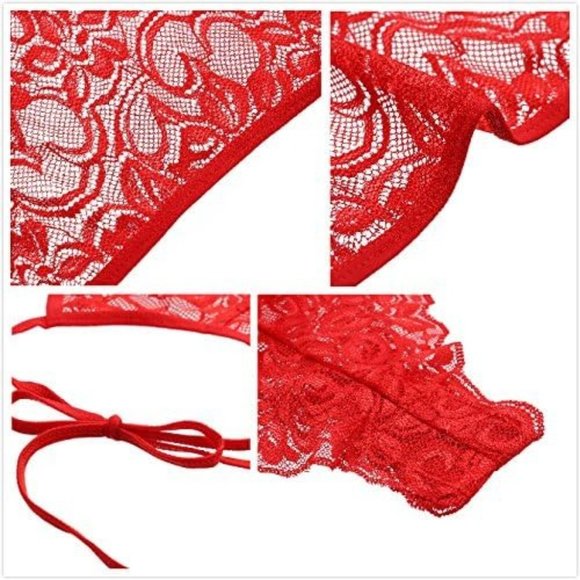 XSPICE Women Lace Bodysuit High Neck One Piece Halter Teddy Lingerie (S/M, Red) - Picture 5 of 8